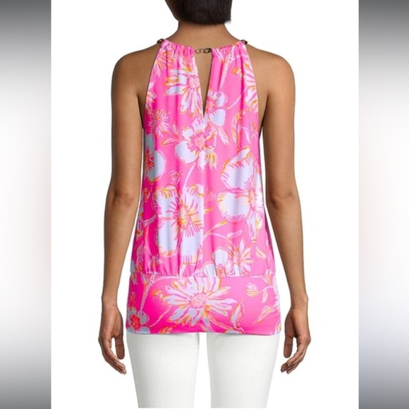 Lilly Pulitzer Beachy Blooms Bowen Halter Top Gold Chain Pink Flowers SMALL - Picture 2 of 6